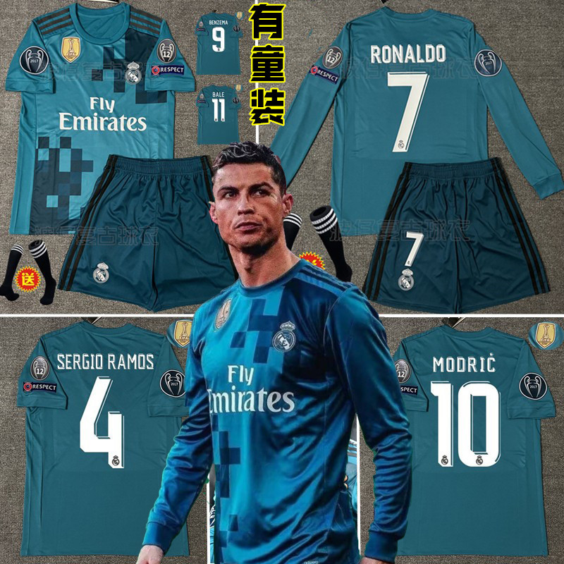 1718 Real Madrid Jersey Second Away Number 7 Cristiano Ronaldo Champions League Version Long-Sleeved Bell Ramos Kidsren's Retro Football Uniform