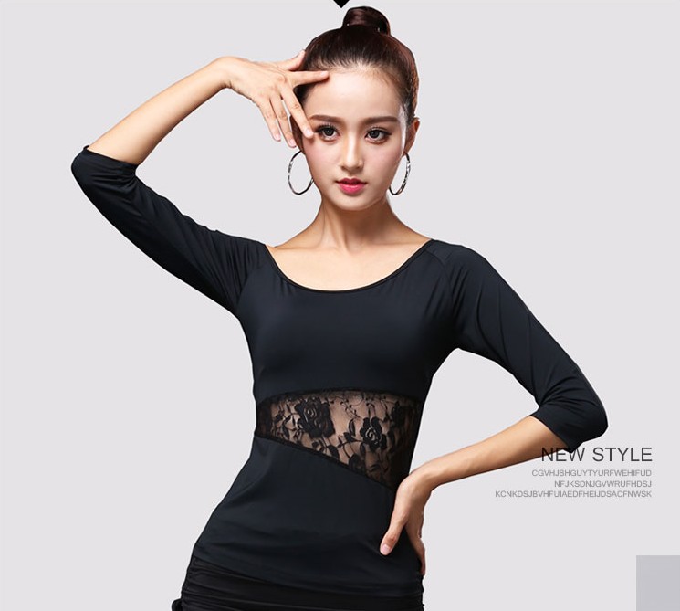 2019 new Latin dance blouses 7 split sleeves U collar blouses yoga blouses Practicing Costume Lace splicing blouses