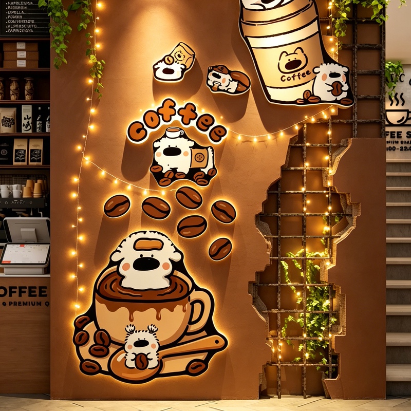 2026 Trendy Photo Area Coffee Bean Shop Interior Wall Soft Decoration Ornaments Atmosphere Setup Entrance Scene Decoration