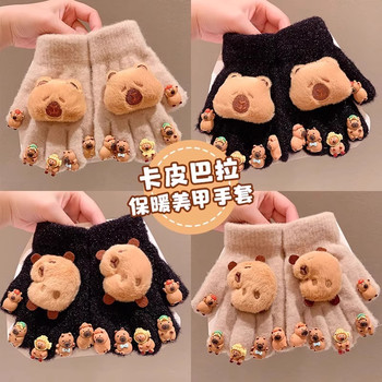 Kapibara Manicure Gloves for Children, Warm and Anti-Freeze, Cartoon Diy, Thickened Five-Finger Gloves for Girls, Fingerless Gloves for Women