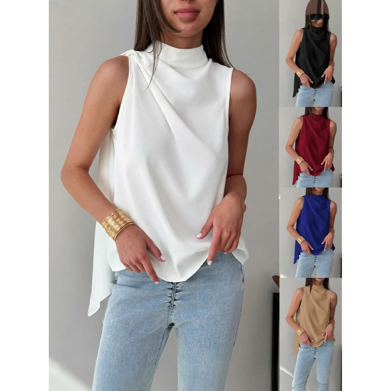 European and American Cross-Border Amazon Women's Fashion Sleeveless Solid Color High-Neck Ribbon Shirt Top