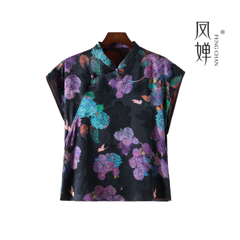 Fengchan·Original Hydrangea 26Sc125 Summer Fashion Hydrangea Print Xiangyunsha Short-Sleeve Top Fengchan·Original Hydrangea 26Sc125 Summer Fashion Hydrangea Print Xiangyunsha Short-Sleeve Top