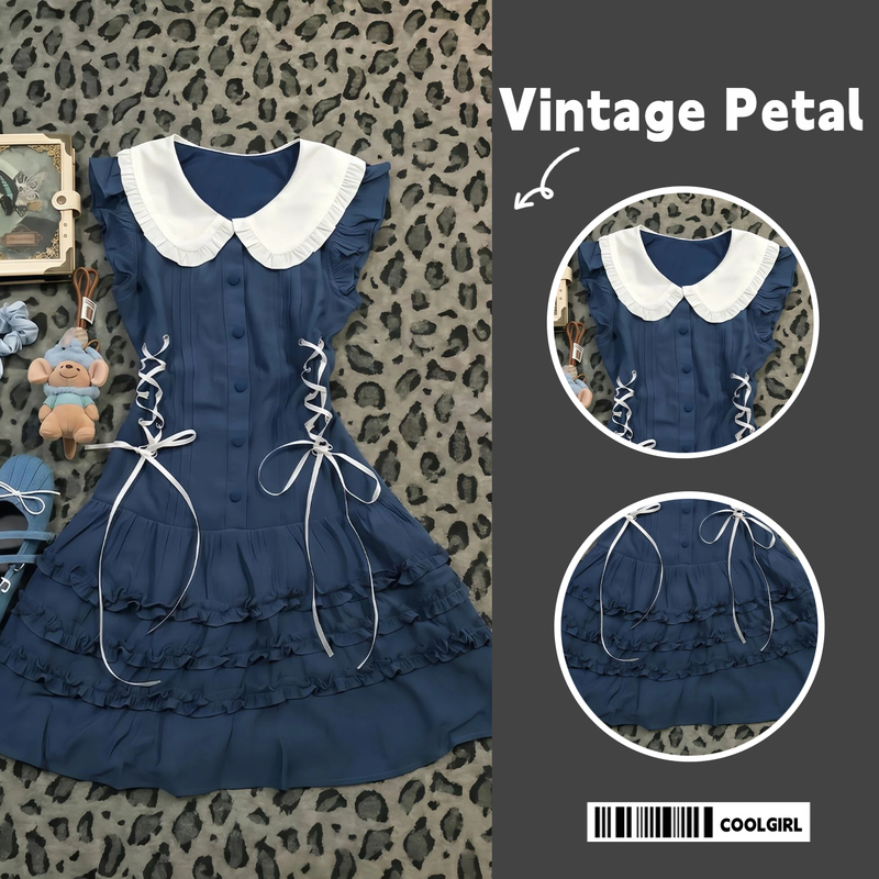【Smoky Blue Melody】Blue Sleeveless Dress for Petite Figures, Vintage Style with a Waist-Cinching Design for Spring and Summer