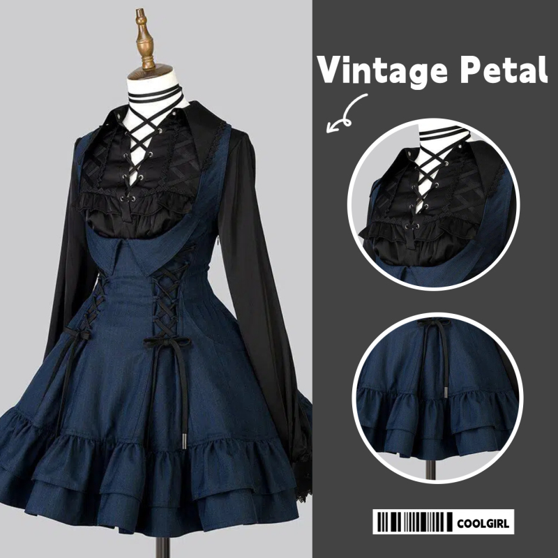 【Mist Blue Thorns】Spring and Summer New Japanese-Style Elegant Ladylike Court-Style Design Shirt Dress Set
