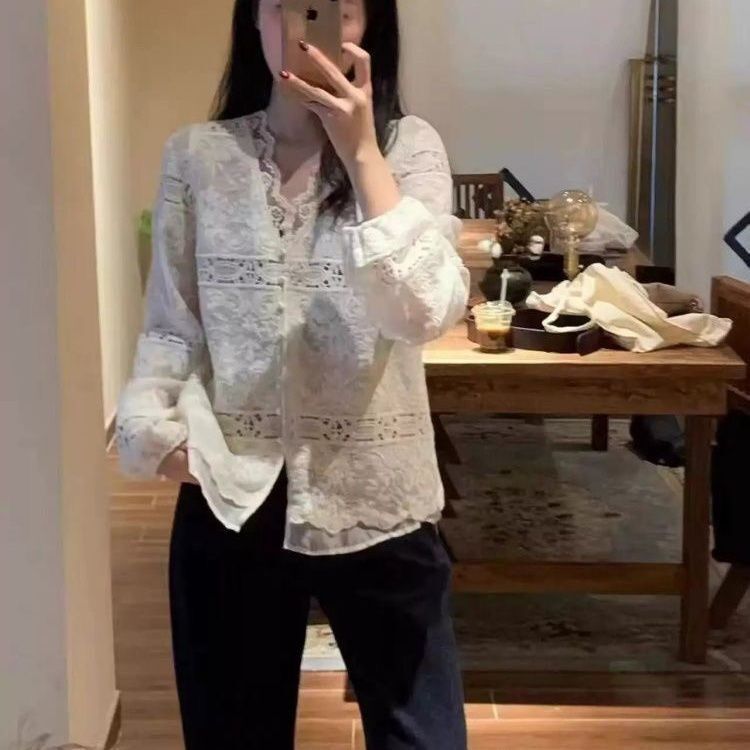 Elegant Lace Embroidery Versatile V-Neck Base Shirt Top 2026 Style Slimming Stylish Shirt Top Elegant Lace Embroidery Versatile V-Neck Base Shirt Top 2026 Style Slimming Stylish Shirt Top