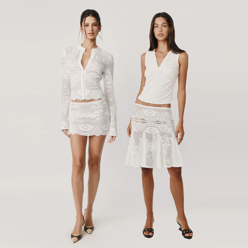 With Jean Lace White Long-Sleeved Cardigan Jacket, Semi-Transparent Suit, Low-Waisted Hip-Hugging A-Line Patchwork Umbrella Skirt With Jean Lace White Long-Sleeved Cardigan Jacket, Semi-Transparent Suit, Low-Waisted Hip-Hugging A-Line Patchwork Umbrella Skirt