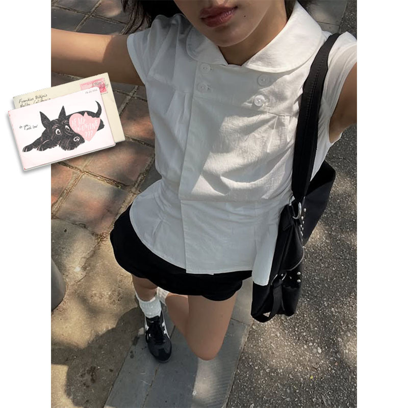 Olivia Rodrigo Style Peachyden Slim-Fit Short-Sleeve Shirt with Mother-Of-Pearl Style Buttons