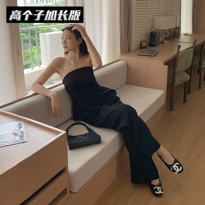 Cool and Elegant Mature Style: Tall Girl's Extended-Length, Mature-Style Waist-Cinching Tube Top + Wide-Leg Pants Two-Piece Set in Mixed Black Cool and Elegant Mature Style: Tall Girl's Extended-Length, Mature-Style Waist-Cinching Tube Top + Wide-Leg Pants Two-Piece Set in Mixed Black