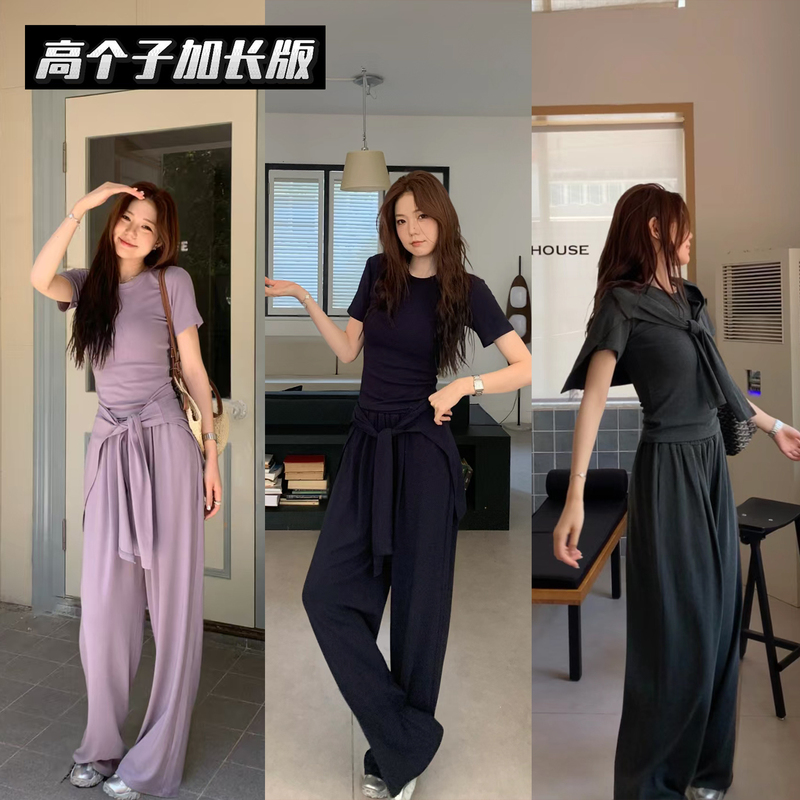 Three-Piece Set: Zhizhi Tall and Long Minimalist Relaxed Short-Sleeved Wide-Leg Pants with Shawl, Textured Commuter Lazy Suit
