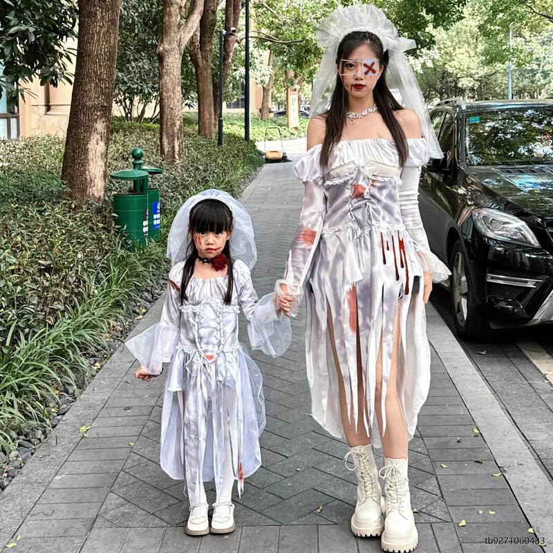 Ghost Bride Costume Cosplay Wedding Dress Zombie Dress Halloween Women's Clothing Vampire Children's Parent-Child Outfit Cosplay