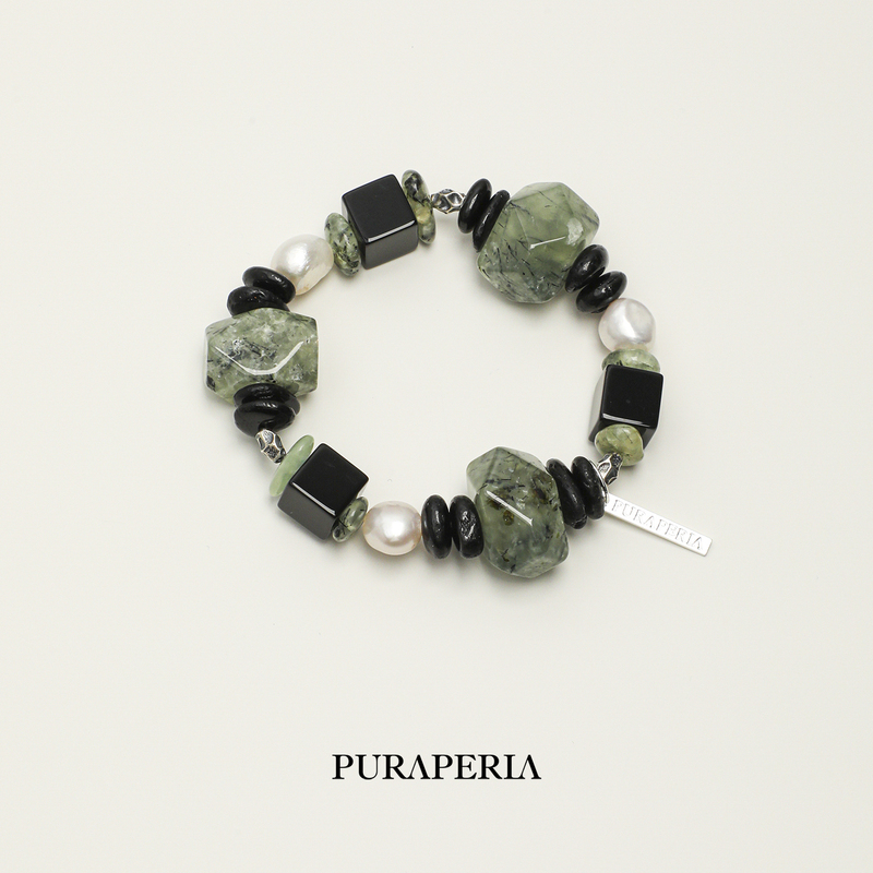 Pujue Vintage Natural Style Natural Prehnite Black Tourmaline Bracelet 2026 New Black Agate Pearl Bracelet