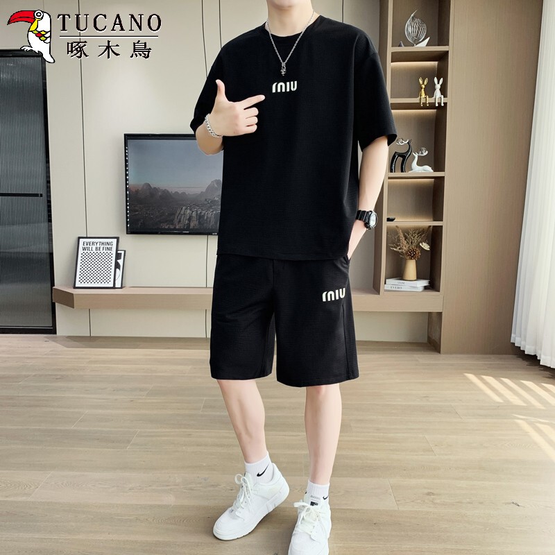 Tucano Summer Men's Short-Sleeved Shorts Set Ice Silk Cool Loose Breathable Sports T-Shirt Two-Piece Set Tucano Summer Men's Short-Sleeved Shorts Set Ice Silk Cool Loose Breathable Sports T-Shirt Two-Piece Set