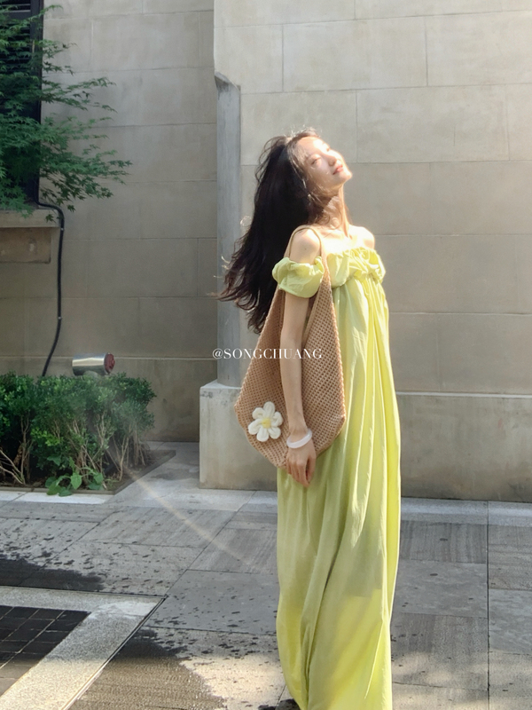 Songchuang One-Shoulder Dress with Straps, Tube Top, French Style, High-End Feel, Seaside Vacation Style, Tank Top Long Dress
