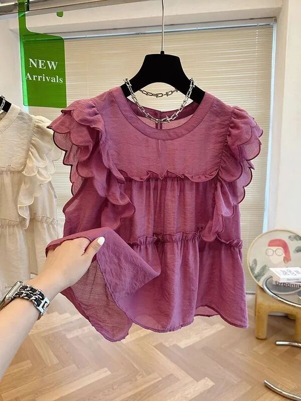 French Ruffled Flutter-Sleeve Round-Neck Shirt for Women, Summer Sweet Babydoll Shirt, Loose, Niche, Unique Sleeveless Top