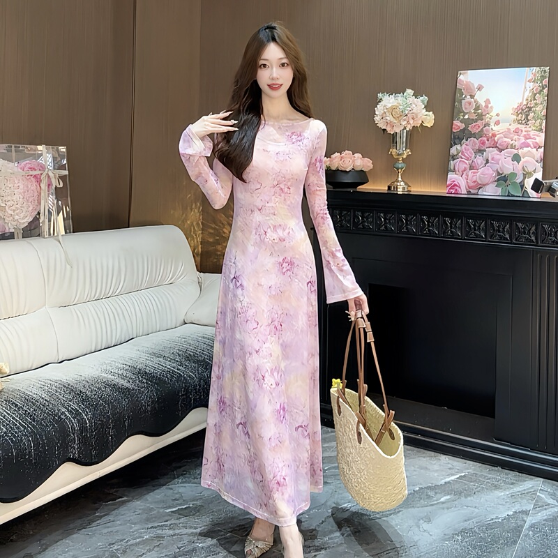 2026 Spring Long Sleeve Elegant Printed Regular Long High Elasticity Dress Printed Slim Fit Dress Floral 418 2026 Spring Long Sleeve Elegant Printed Regular Long High Elasticity Dress Printed Slim Fit Dress Floral 418