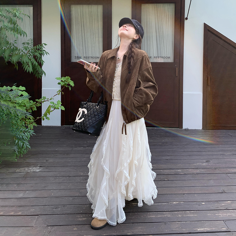 Korean Style Brown Suede Jacket for Women, Spring New Loose-Fitting Melard Retro Jacket, Thin Spring Wear