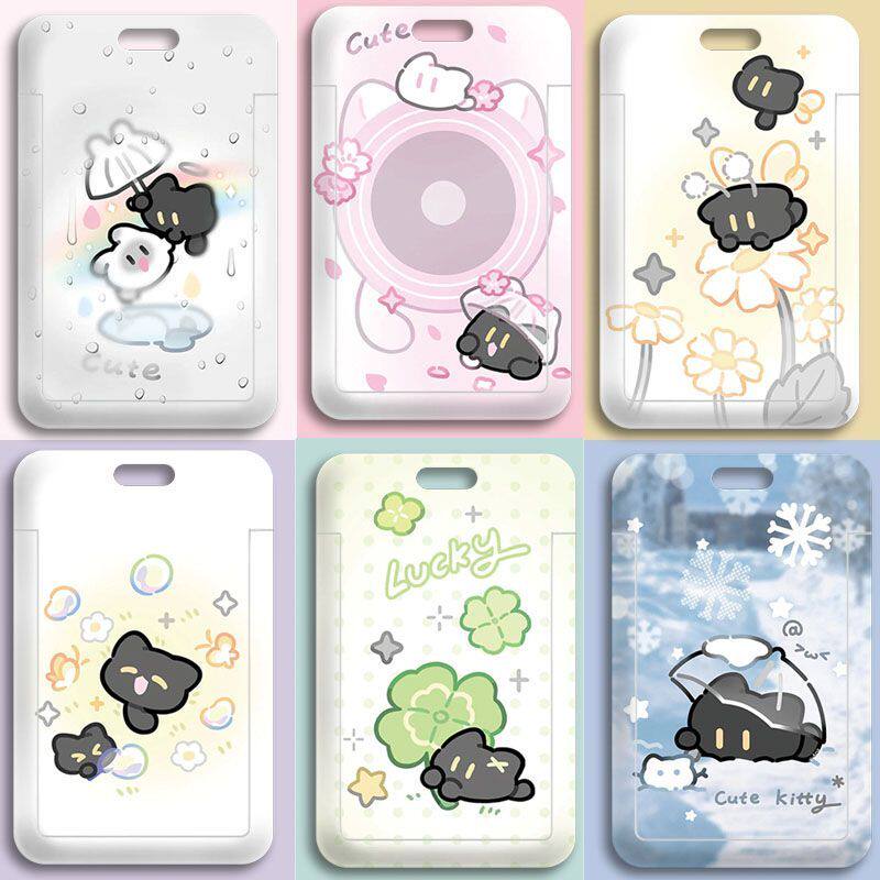 Snowy Black Cat Student Sliding Card Holder for Meal Cards, Public Transportation ID Cards, Access Cards, and Campus Cards