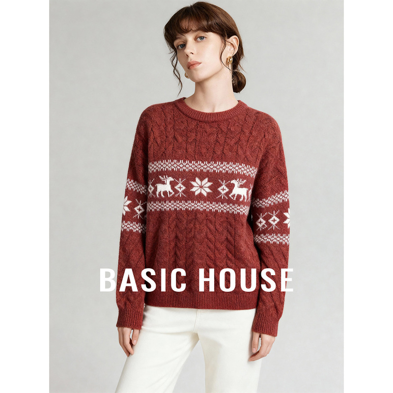 Basic House/Baijiahao Autumn and Winter New Round-Neck Red Pullover Sweater for Women, Super Stylish Top Basic House/Baijiahao Autumn and Winter New Round-Neck Red Pullover Sweater for Women, Super Stylish Top