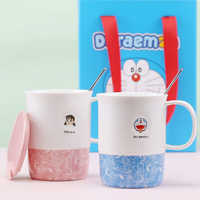 Doraemon mug, gift box for home water cup, dormitory office, ceramic water cup with lid and spoon set