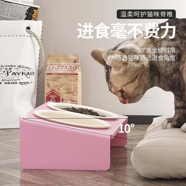 Ceramic Cat Food Bowl, Water Bowl, Double Bowl, Triple Bowl, Cat Bowl, Special Drinking Water and Snack Bowl, Slanted Mouth to Prevent Overturning, Neck-Protecting Bowl