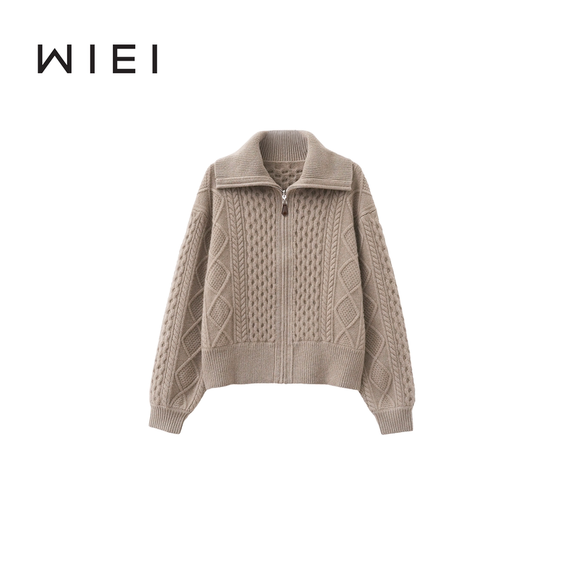 《Wi Ei》Old Money Sweater Consinee Full Cashmere Lp Cable Knit Turn-Down Collar Cardigan W25409188