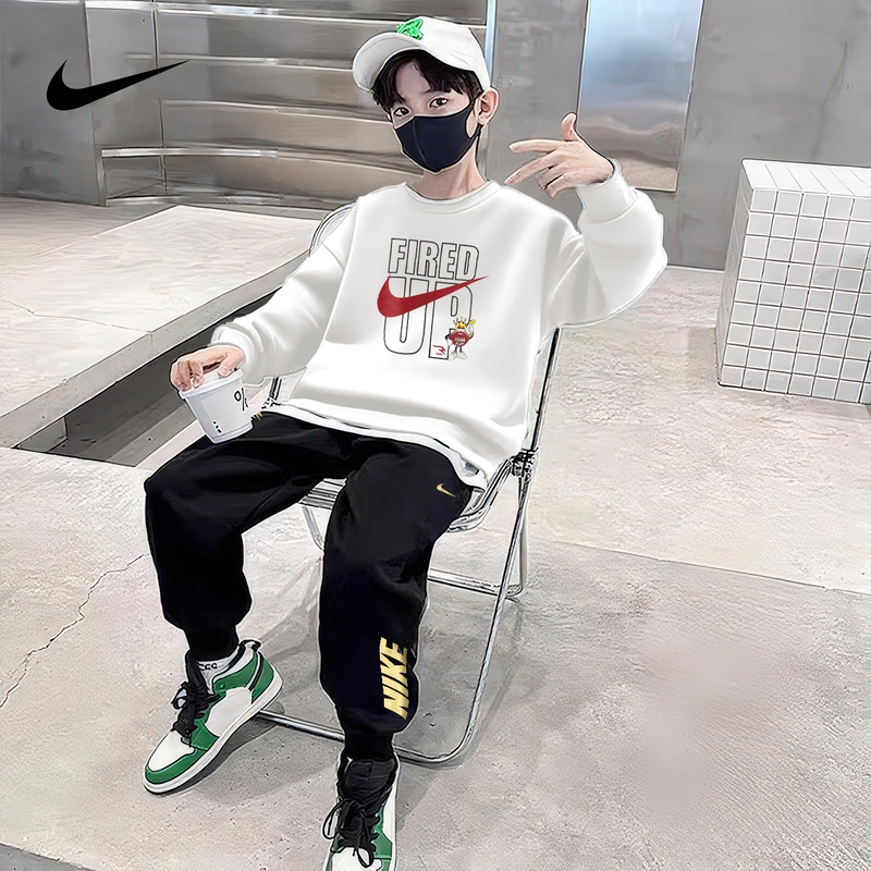 Nike Nike Boys and Girls Sports Suit 2026 New Autumn Pure Cotton Two-Piece Set Kidsren's Long-Sleeved Sweatshirt Casual Fashion