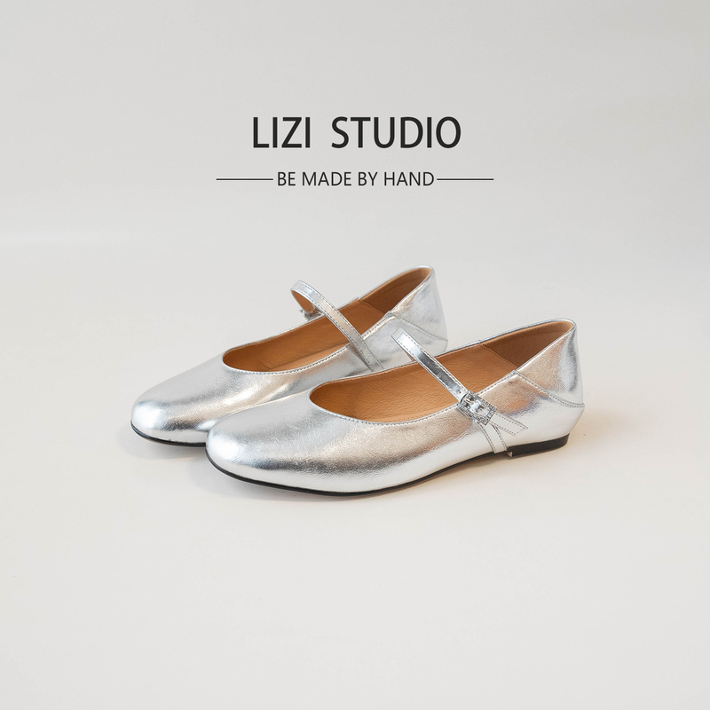 【Chestnut】3Cm French-Style Silver Mary Jane Shoes for Women, Flat Heel, Single Strap, Elegant Spring Shallow Mouth Flat Shoes
