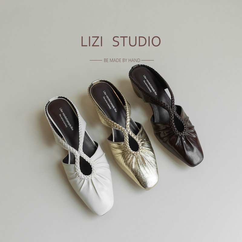 【Chestnut】5Cm Woven Wheat Spike Round Toe Hollow Height-Increasing Closed-Toe Versatile Half-Slip Square Toe Summer Sandals for Women
