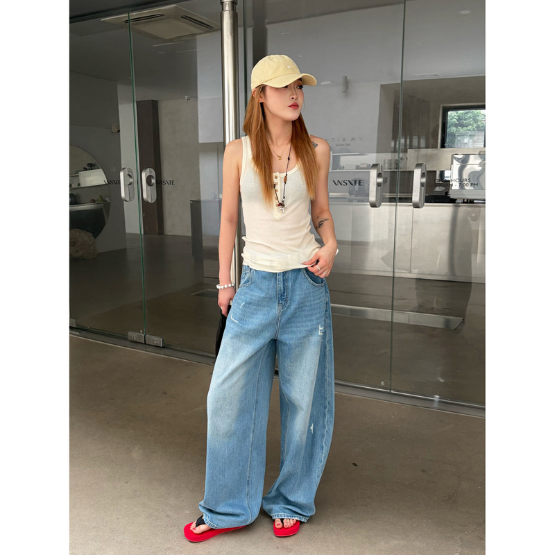 Icciicc Summer Relaxed Light Blue Wide-Leg Pants for Women, Hip-Covering, Slimming, Slightly Frayed Women's Jeans New Style