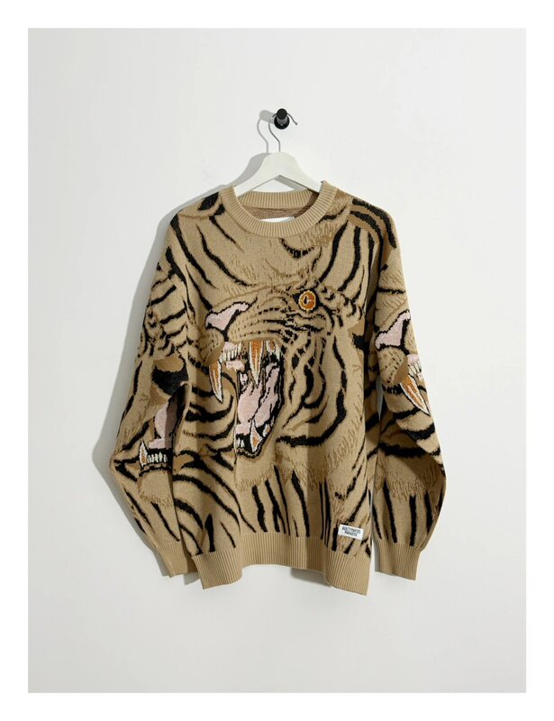 Wacko Maria Timlehi Jaquard Sweater Tiger Pattern Knitted Round Neck Sweater for Men and Women