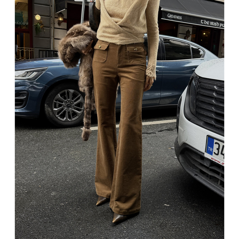 Alonesavor Long Xier Retro Stylish Melard Pocket Pants Slimming Corduroy Flared Pants R092