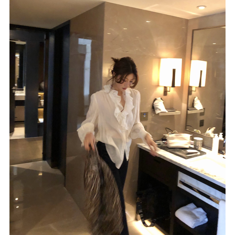 Alonesavor Long Xier Retro Palace-Style French Lace Ruffled Edge Stand-Up Collar Shirt W285