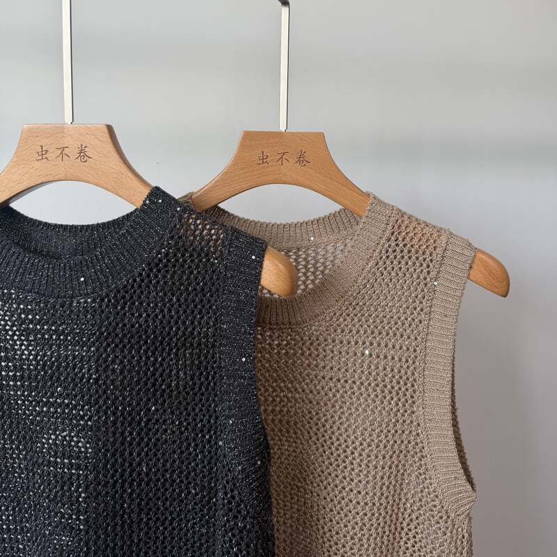 Shining with a Vintage Money Style! Italian B~C Fine Shirt with Gold and Silver Thread Sequins, Breathable Cotton and Linen Sleeveless Tank Top