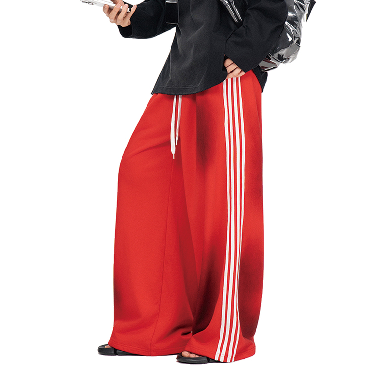 Vulnecancel* Distressed Vintage Spray-Painted Dirty Color-Block Striped Sweatpants Trendy Red Loose Casual Pants