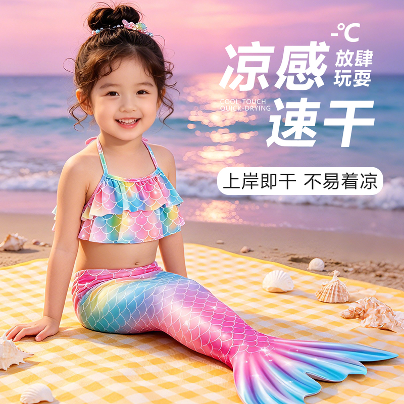 【Simple Color Bear】Mermaid Tail Swimsuit for Girls, Two-Piece Swimsuit, Princess Dress, Beach Vacation Hot Spring Swimwear
