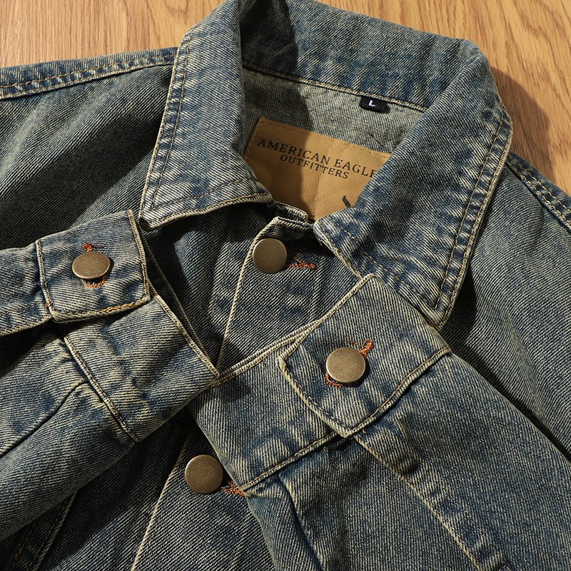 Japanese quality vintage dirty washed stonewashed men's denim jacket classic short men's and women's casual jacket