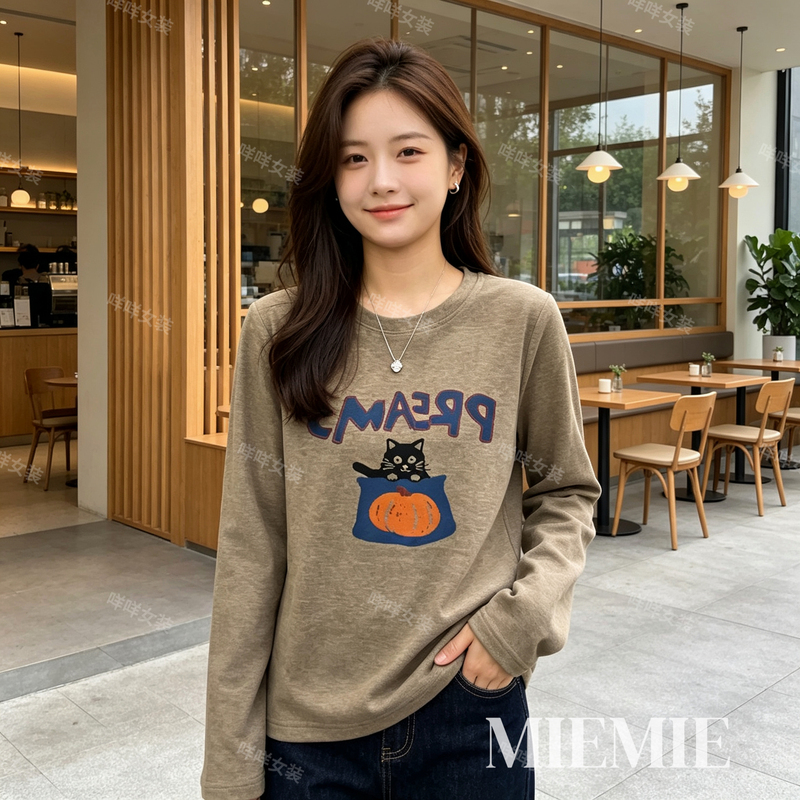 [Cat Pumpkin] New Double-Sided Fleece, Thickened, Warm, Soft, High-Quality, Regular-Fit Long-Sleeve Shirt with a Printed Design