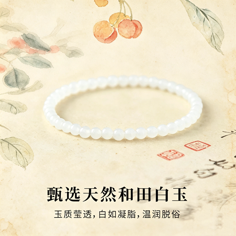 Natural Hetian Jade Bracelet, White Jade from Xinjiang, Ice-Like and Delicate, Women's Style, Very Fine Millet Beads, Single-Circle Bracelet
