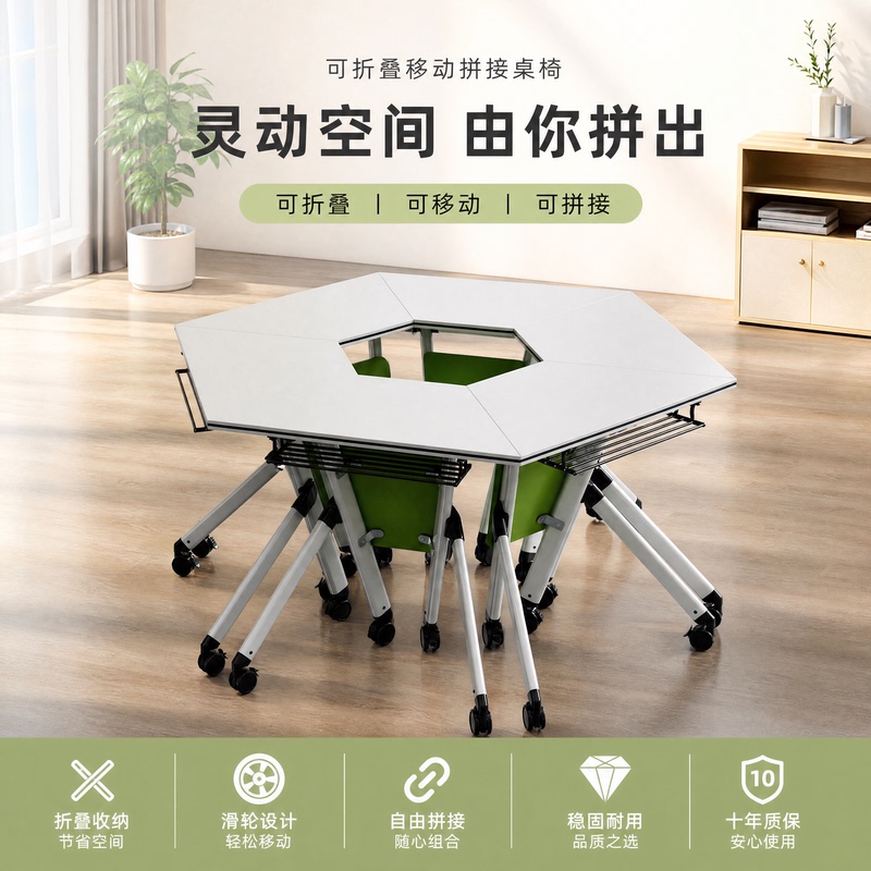 Folding Conference Table, Movable Splicing Long Table with Wheels, Activity Desk, Classroom Table, Training Table and Chair Combination Table
