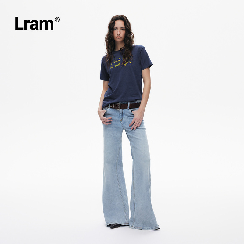 Lram "New York Cowboy" Light Blue Retro Washed Mid-Low Waist Slightly Flared Slimming Denim Pants Lm2630409 Lram "New York Cowboy" Light Blue Retro Washed Mid-Low Waist Slightly Flared Slimming Denim Pants Lm2630409