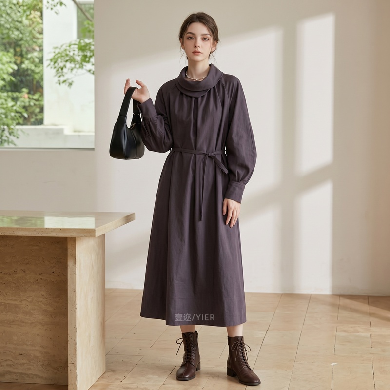 2026 Autumn New French Style Lazy High-Neck Dress for Women, Loose Fit, Elegant Long Dress with Belt, Slimming Dress 2026 Autumn New French Style Lazy High-Neck Dress for Women, Loose Fit, Elegant Long Dress with Belt, Slimming Dress