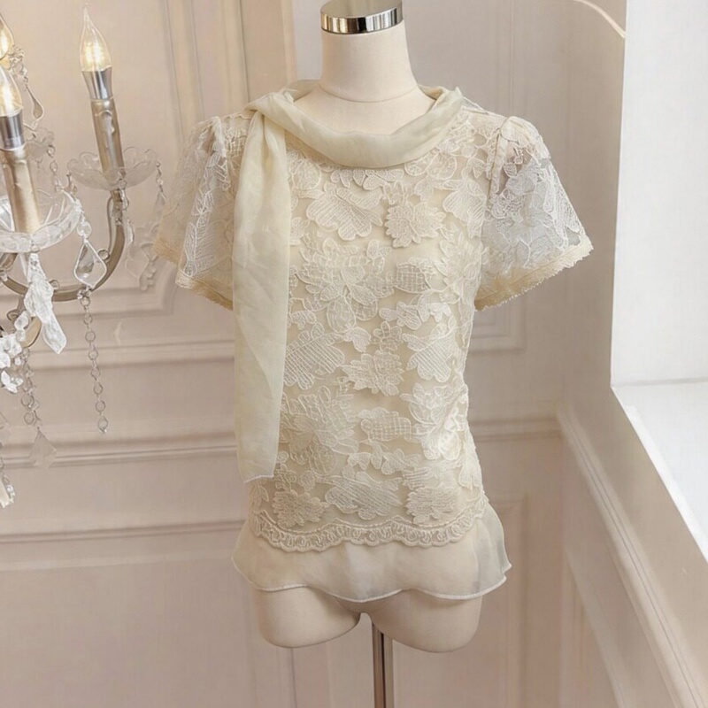 Recommended for Personal Collection~ Summer French-Style Gentle Design with Ribbon Lace and Jacquard, Unique Short-Sleeve Women's Top