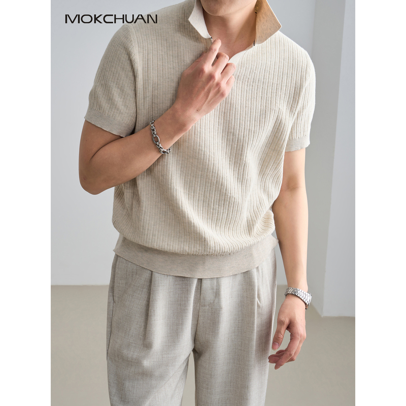 Mokchuan Breathable Cotton Textured Lapel Knit Short-Sleeve Men's Spring and Summer Casual Polo Shirt