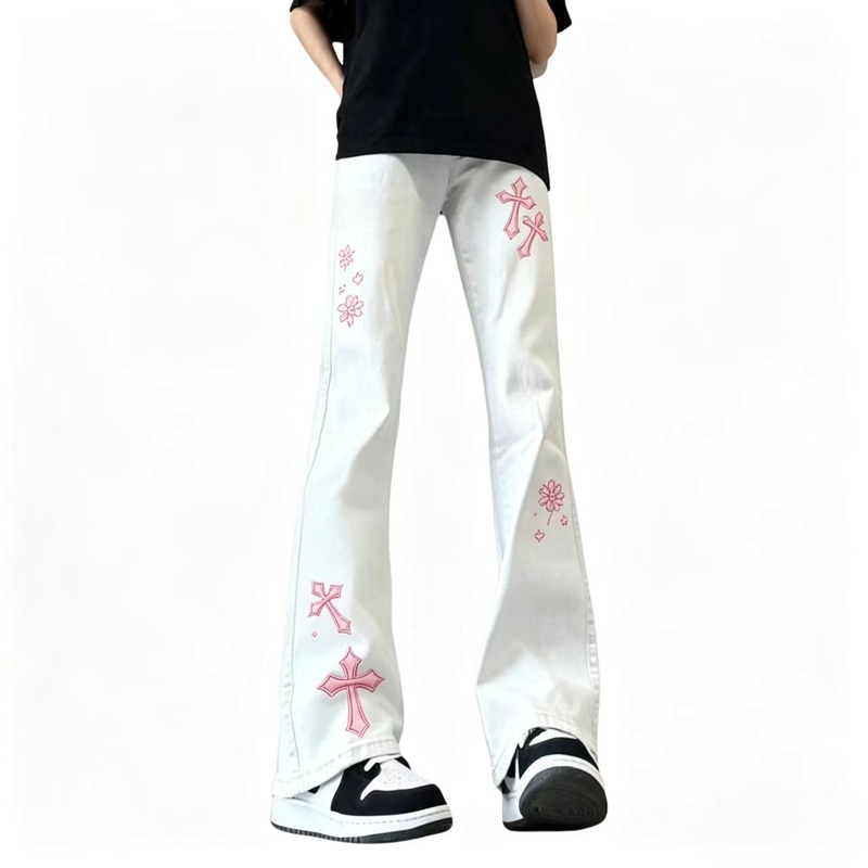 American-Style New Luxury Trendy Brand Student Cross-Print Summer Breathable Flared Jeans
