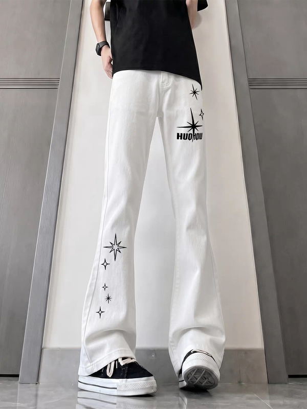 High Street Style Star Print Summer Unisex Flared Jeans with a Slimming and Height-Enhancing Effect, Casual Slim Fit Low Waist