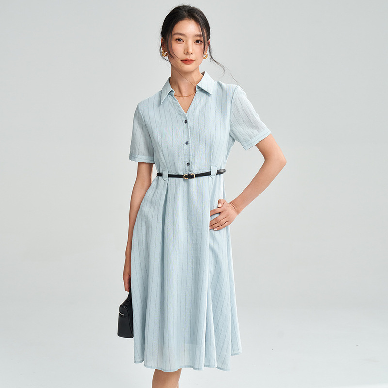 Chuzhou Shenghong Apparel Vintage Striped Blue Waist-Cinching Dress Elegant Commuter Flared Shirt Dress 18289 Chuzhou Shenghong Apparel Vintage Striped Blue Waist-Cinching Dress Elegant Commuter Flared Shirt Dress 18289