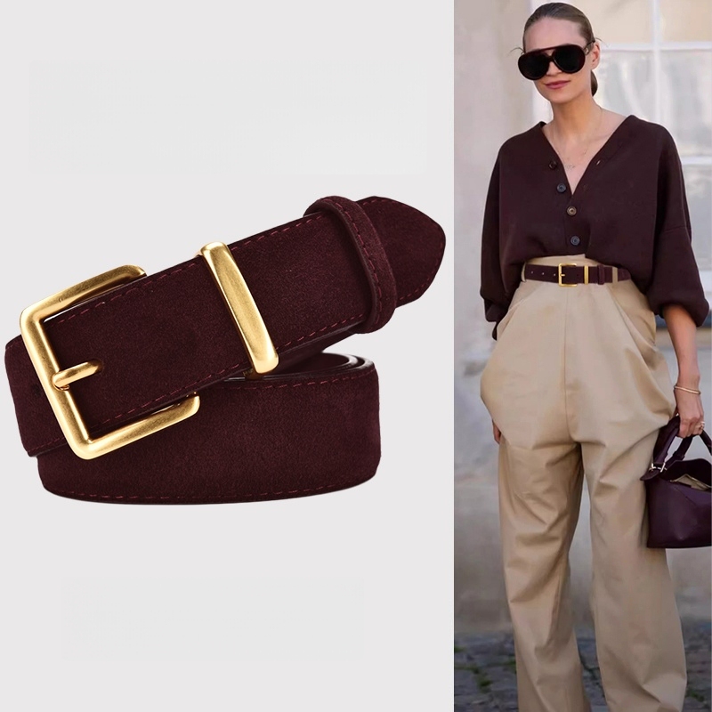 Women's Belt 2025 New Style Suede Genuine Leather Retro Versatile Burgundy Belt for Men and Women Decorative Accessory for Jeans