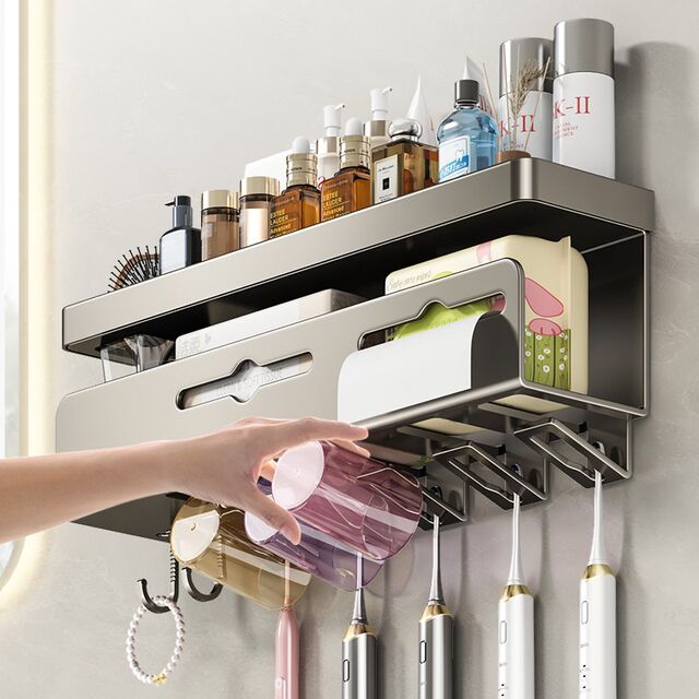 Toilet toothbrush holder brush cup storage rack without punching integrated wall-mounted multi-functional tissue hair dryer storage
