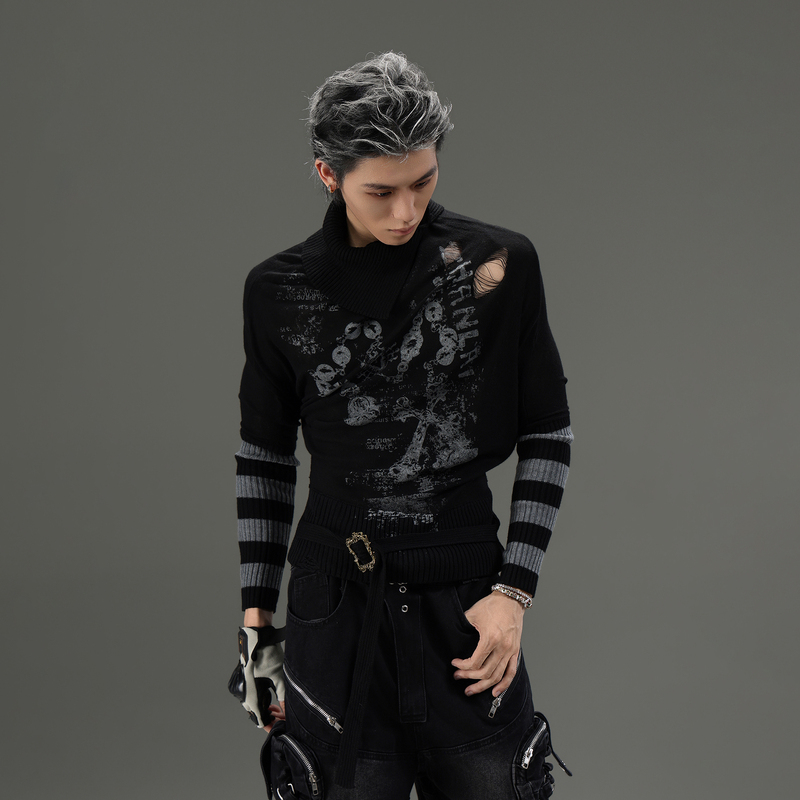 Galaxor American-Style Hollow-Out Ripped Top for Men and Women with Metal Buckle Print, Diagonal Lapel, Slim-Fit Knitted Long-Sleeve T-Shirt Galaxor American-Style Hollow-Out Ripped Top for Men and Women with Metal Buckle Print, Diagonal Lapel, Slim-Fit Knitted Long-Sleeve T-Shirt