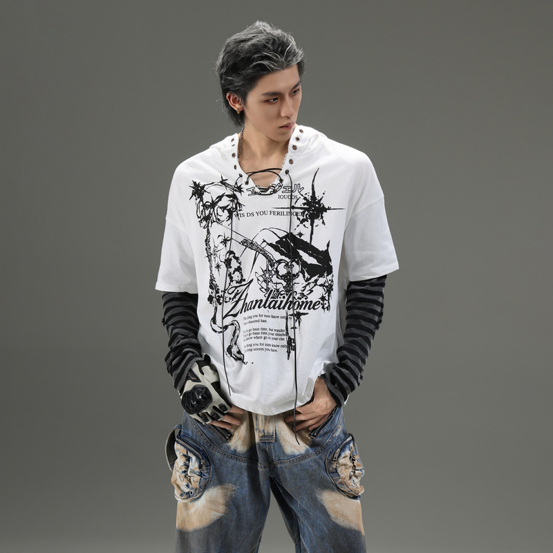 Galaxor American Subculture Hooded Fake Two-Piece Top Striped Long-Sleeve Patchwork Illustration Print Loose T-Shirt